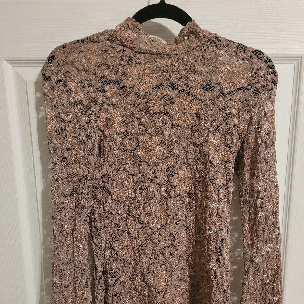 Brown shimmer Floral Lace see through blouse
